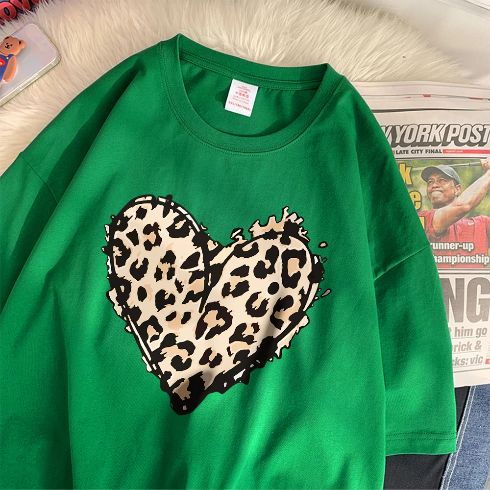 Leopard Heart Pattern Printing T-Shirt Casual Versatile Womans Tee Clothes Fashion Beautiful Clothing Cute Cartoon Short Sleeve