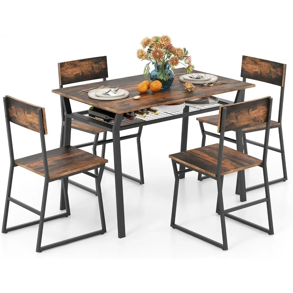 5-Piece Dining Table Set, Dining Set for 4 with Sturdy Metal Frame, Storage Rack,  4 Chairs Set for Dining Room, , Rustic Brown