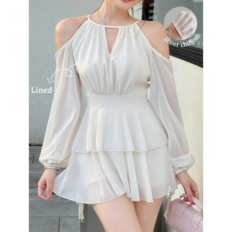 Womens Beige Keyhole Neckline Mini Dress