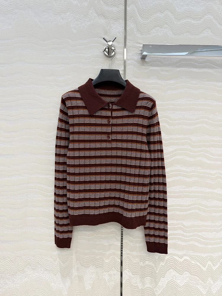 Autumn Winter Fashion Burgundy Vintage Striped Cashmere Knitting Pullovers Women's Turn-down Collar Button Long Sleeve Sweaters