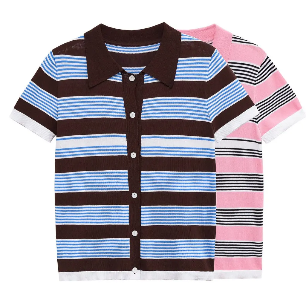 

Summer Women's Fashion Knitted Polo European And American Style Lapel Stripes Design Versatile Clothing