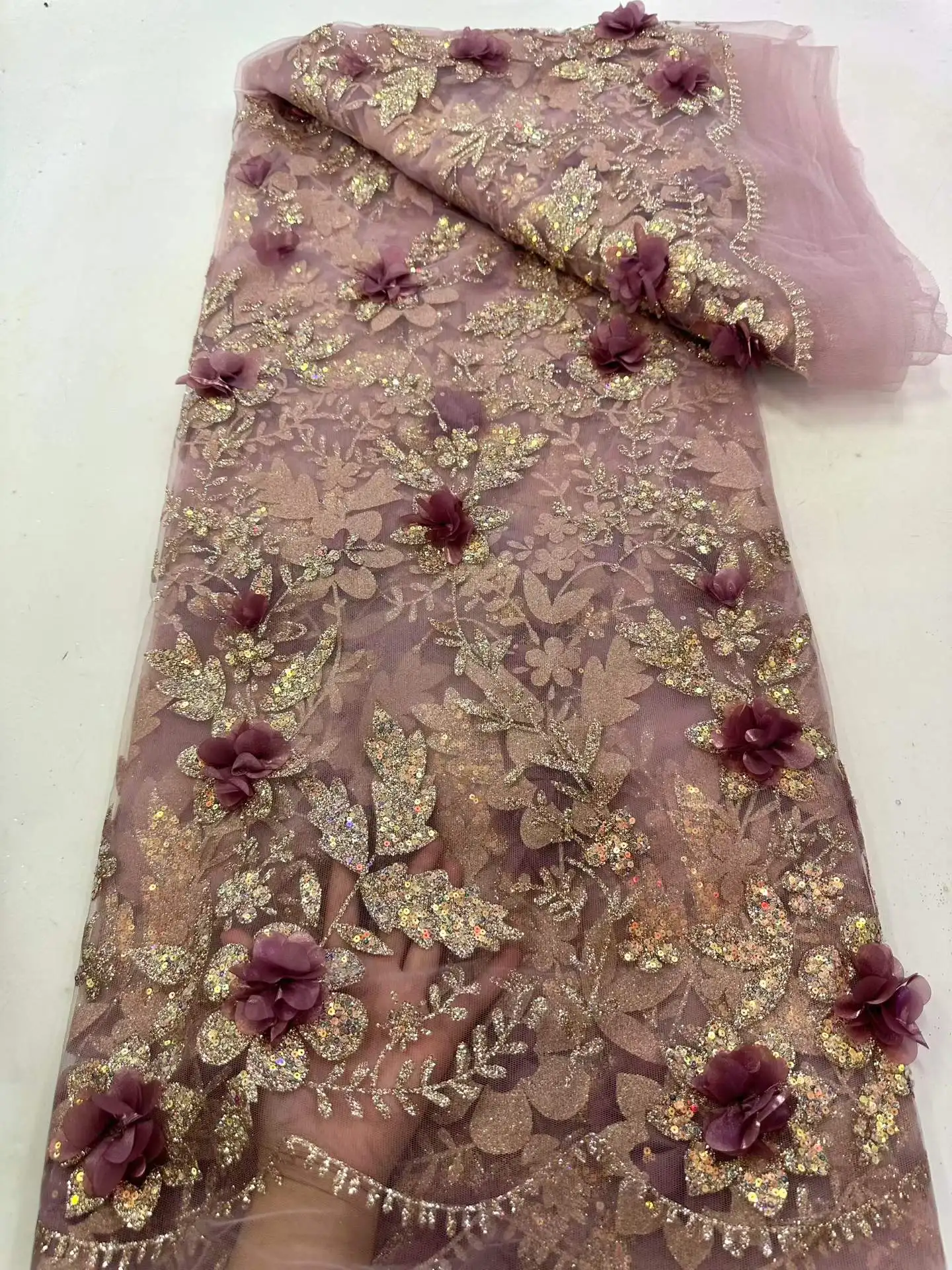 African Lace Fabric Embroidered Sequined Nigerian Lace Fabrics 3D Flowers 2026 High Quality French Tulle Lace Fabric For Dress
