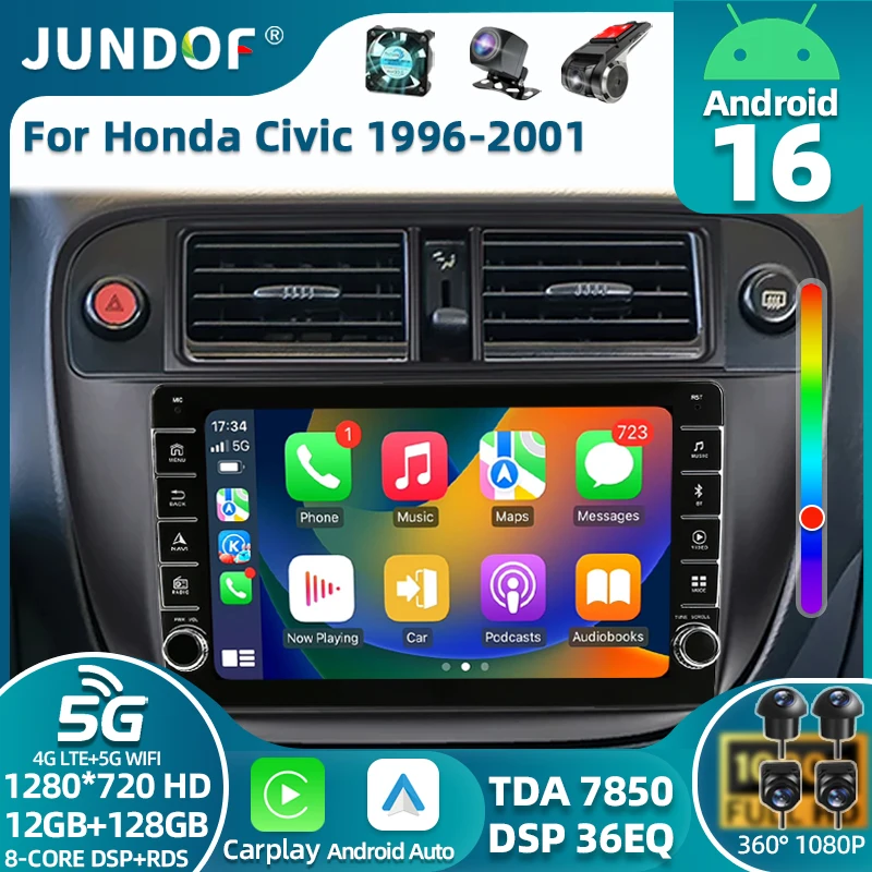Android 16 Carplay Auto For Honda Civic 1996 1997 1998 1999 2000 2001 Multimedia Car Radio Player 4G Stereo 2 Din Tape Recorder
