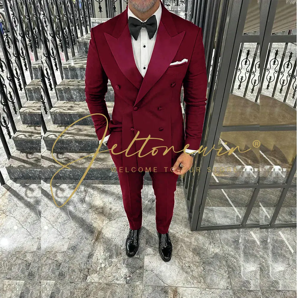 

Mens Suits Classic Slim Fit 2 Piece Blazer Pants Double Breasted Peaked Lapel Burgundy Men Wedding Suit Tuxedo for Prom Party