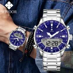 WWOOR Fashion Men's Watches Luxury Original Quartz Digital Analog Sport Military Wrist Watch For Man Waterproof Steel Clock Box