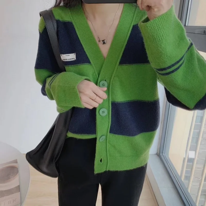 Women V-Neck Button Loose Pullovers Cute All-Match Casual Leisure Jumpers Green Pullovers Black Green Striped Knitted Sweaters