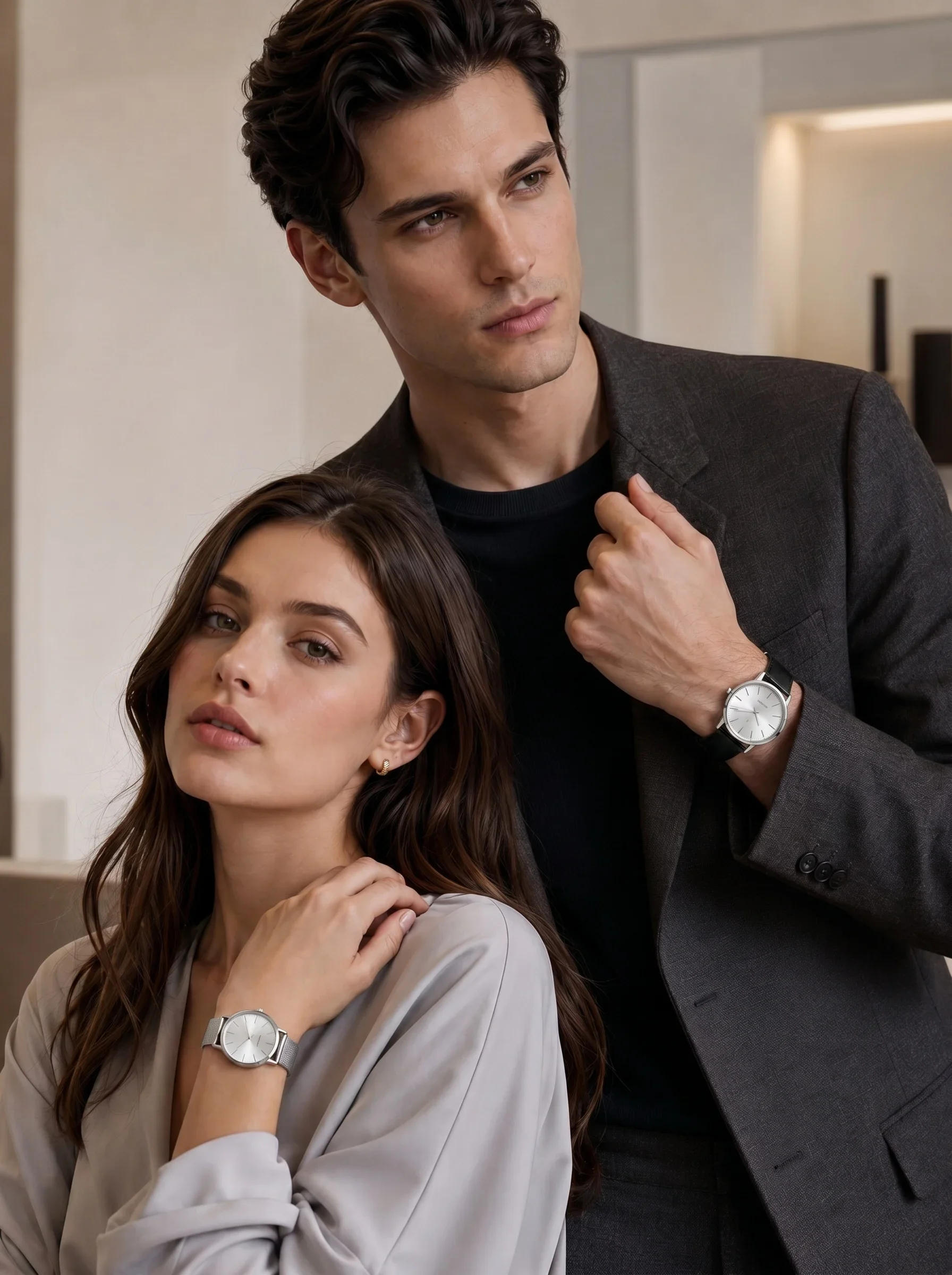 2Pcs Lovers Watch Set Classic Minimal Mesh & Leather Strap Analog Quartz Wristwatch Men Women Fashion Couple Matching Timepieces