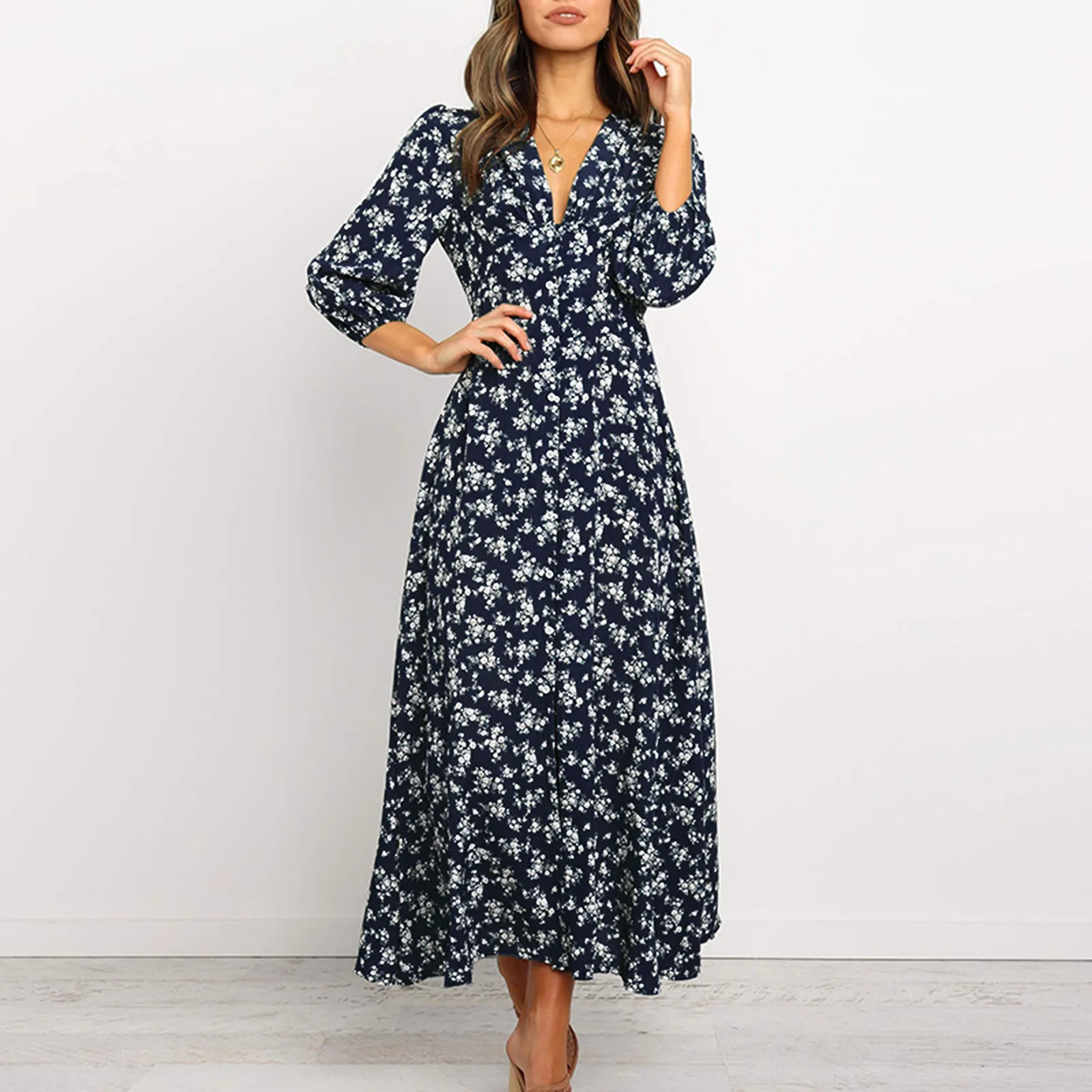 

Women Floral Printed Dress V-Neck Long Sleeve Button Slim Fit A-Line Elegant Dresses Bohemian Party Vacation Beach Vestidos Jupe