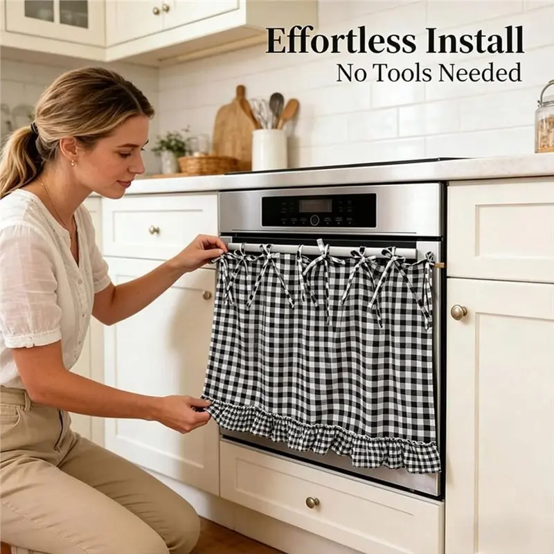 ABUI-Farmhouse Meadow Oven Skirt Handmade For Door Kitchen Dishwasher Curtain Tie Top Heat-Resistant