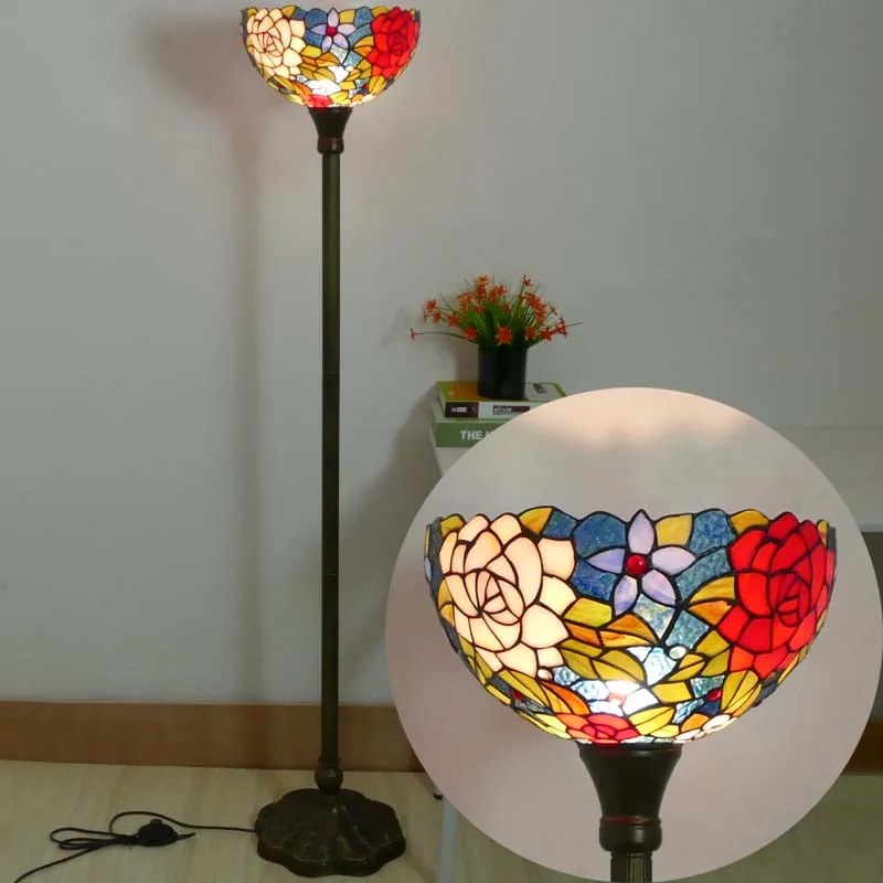 

American Retro Black Resin Base LED E27 Floor Lamp Colorful Glass Lampshade Living Room Bedroom Restaurant Office Standing Light