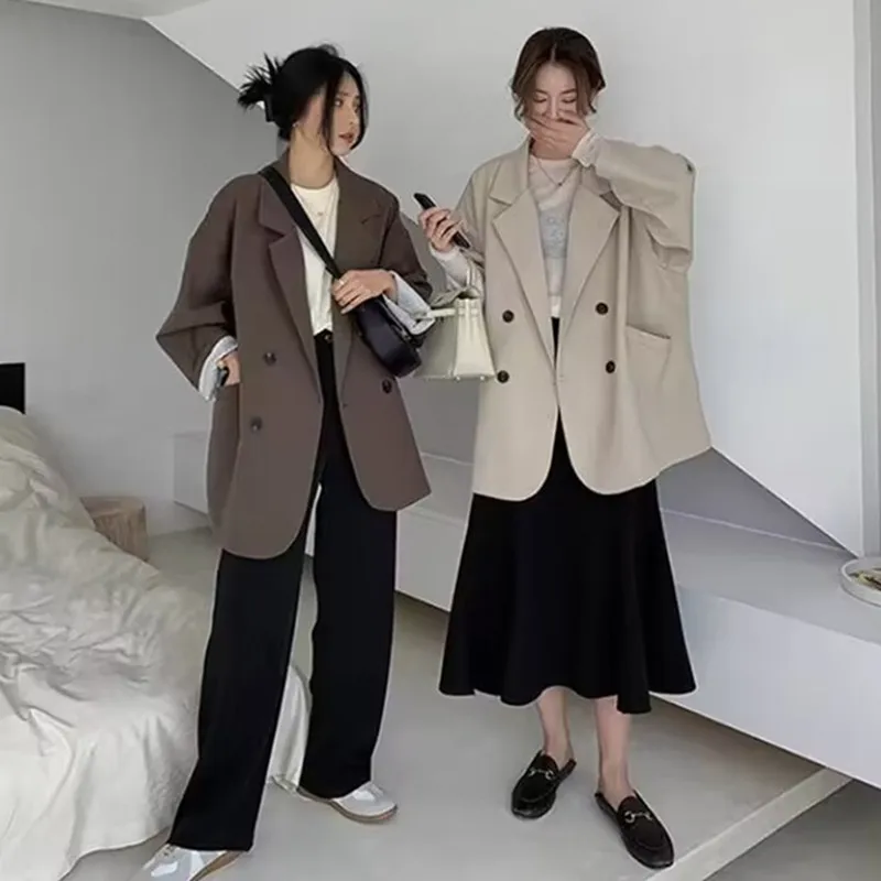 

Весна-Осень, новая мода 2025 года, женские двубортные повседневные модные однотонные свободные пиджаки с длинными рукавами, женские пальто