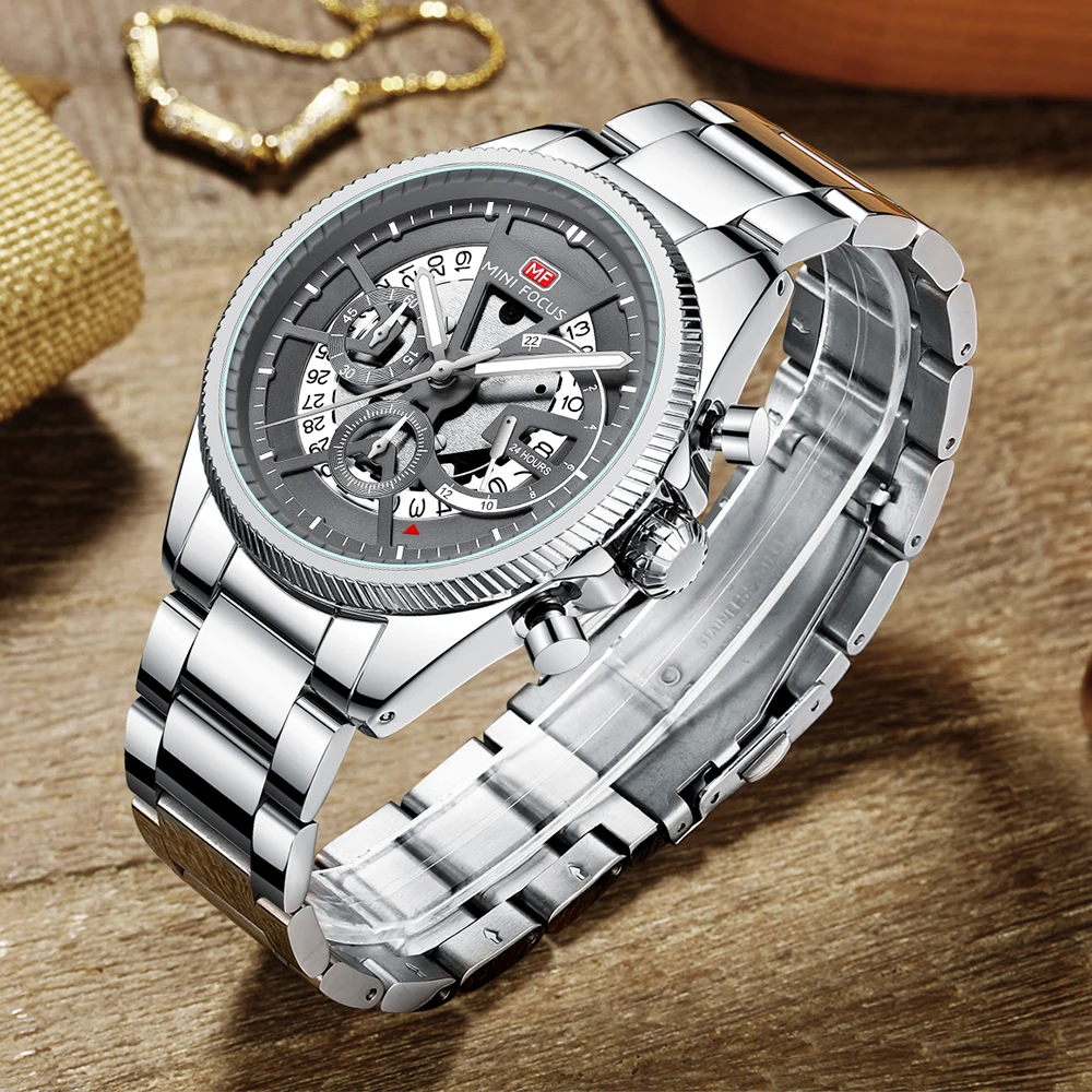 MINI FOCUS Stainless Steel Strap Chronograph Quartz Watch for Men Fashion Waterproof Luminous Dress Wristwatch with Date 0490