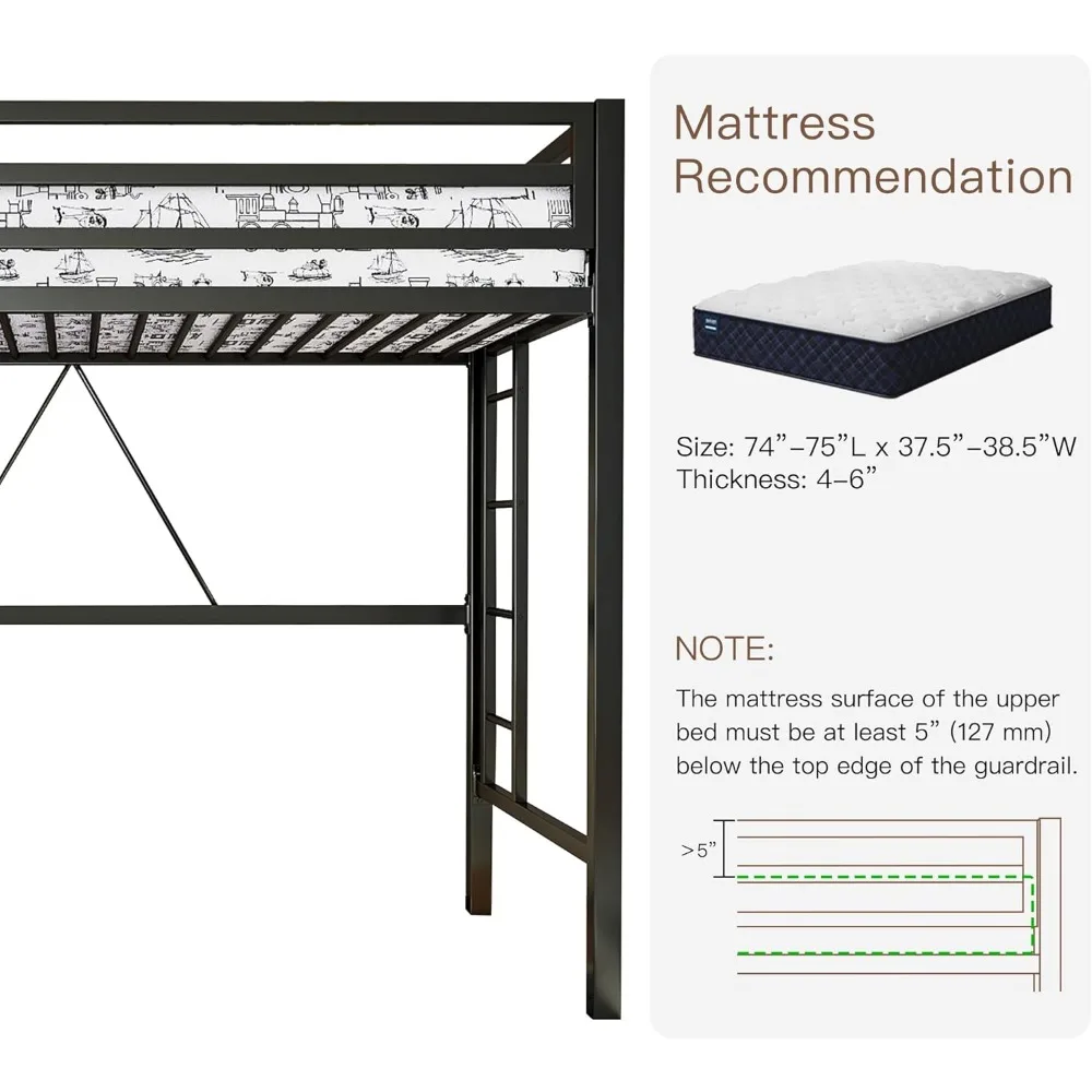 سرير علوي معدني مزدوج الحجم مع حاجز أمان وسلم، لا حاجة إلى صندوق زنبركي، أثاث غرفة نوم موفر للمساحة، أسود غير لامع #5