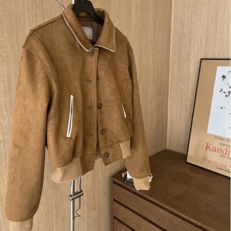 레트로 슬레 모터사이클 디자인 스플라이스드 코트 페이크 스웨이드 벨벳 여성용 아우터웨어 봄 가을 겨울 패션 한국