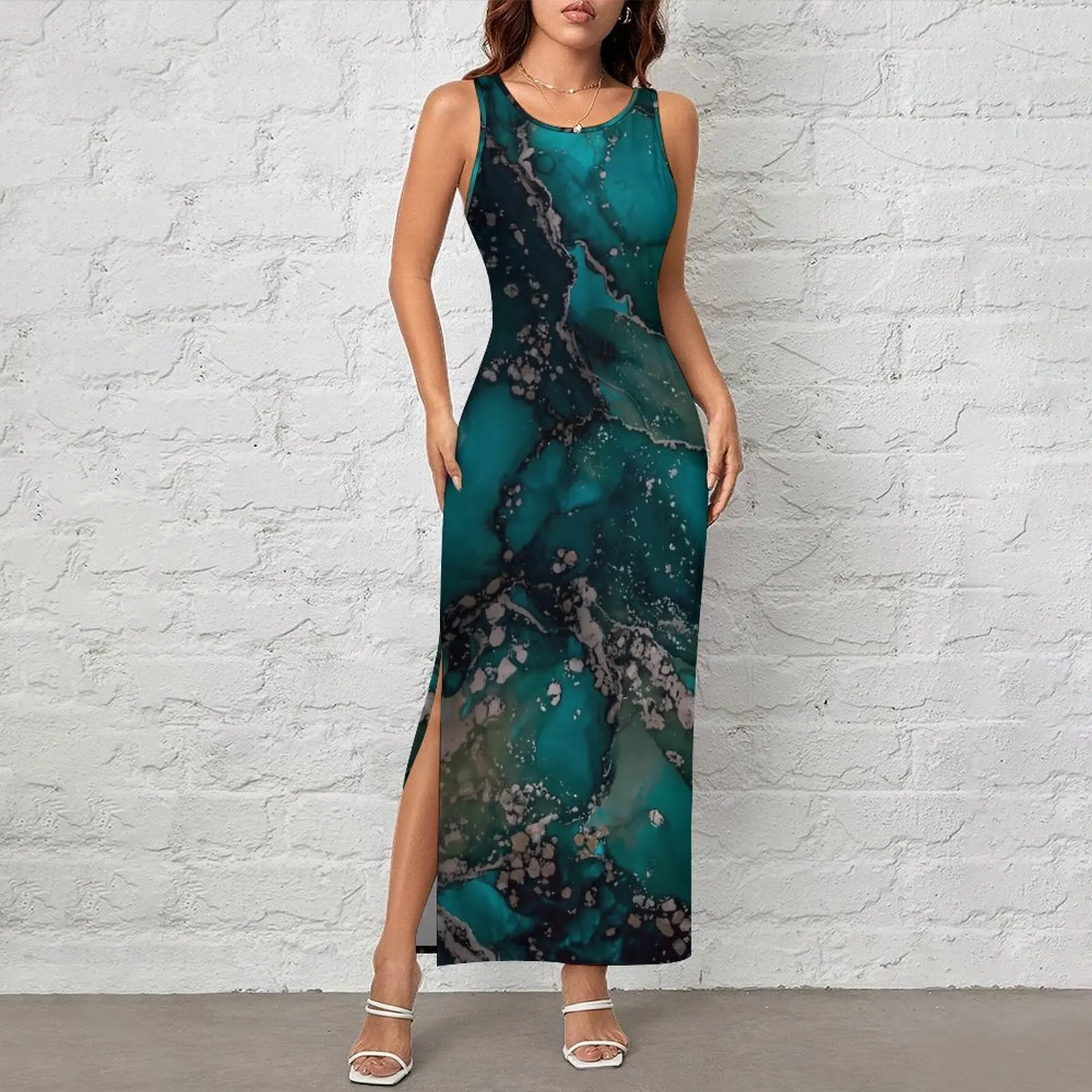 Abstract Moss Print Dress Sleeveless Marble Print Fashion Maxi Dresses Casual Bodycon Dress Womens Graphic Oversized Vestidos