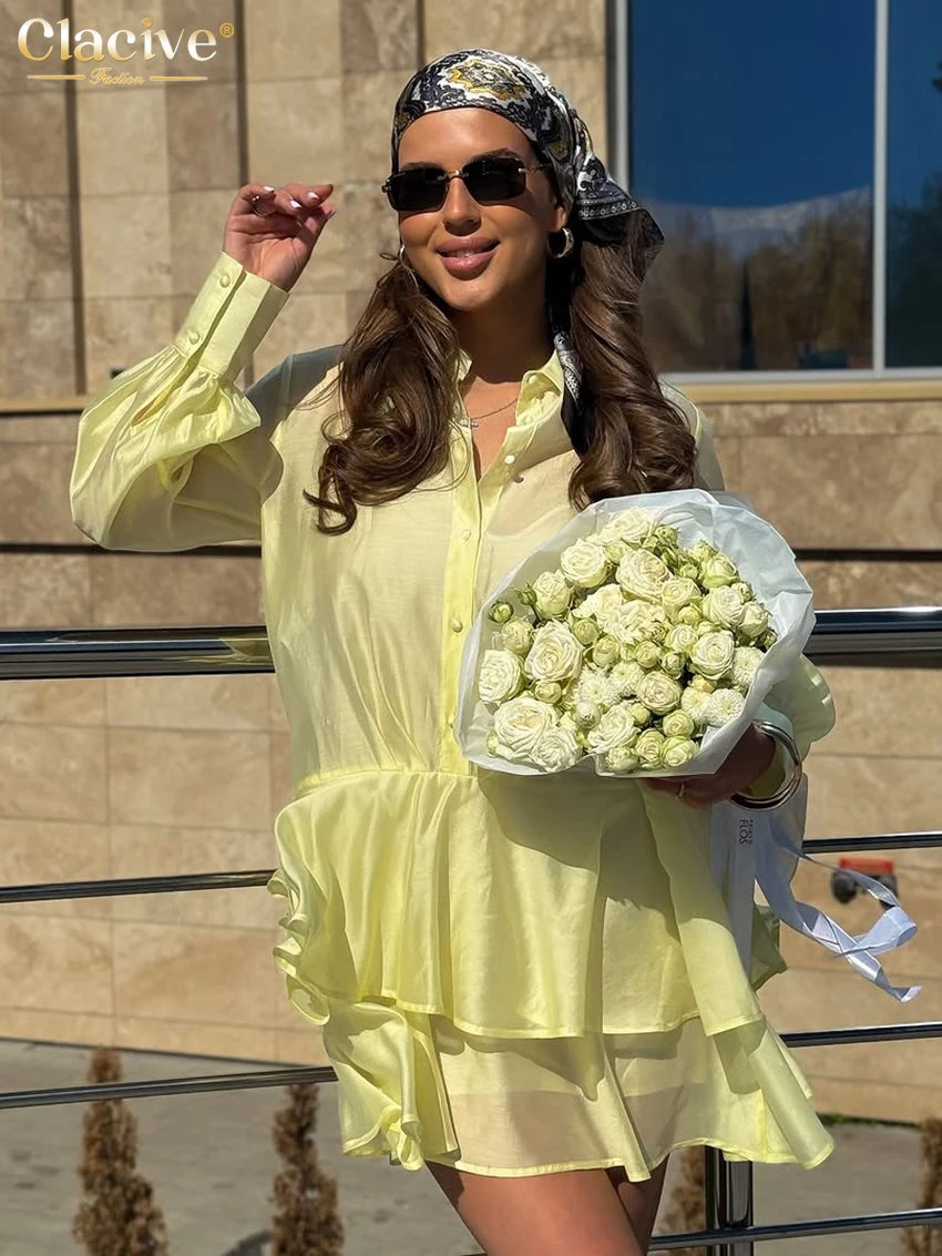 

Clacive Fashion Loose Yellow Women's Dress 2025 Casual Lapel Long Sleeve Mini Dresses Elegant Classic Pleated Solid Female Dress