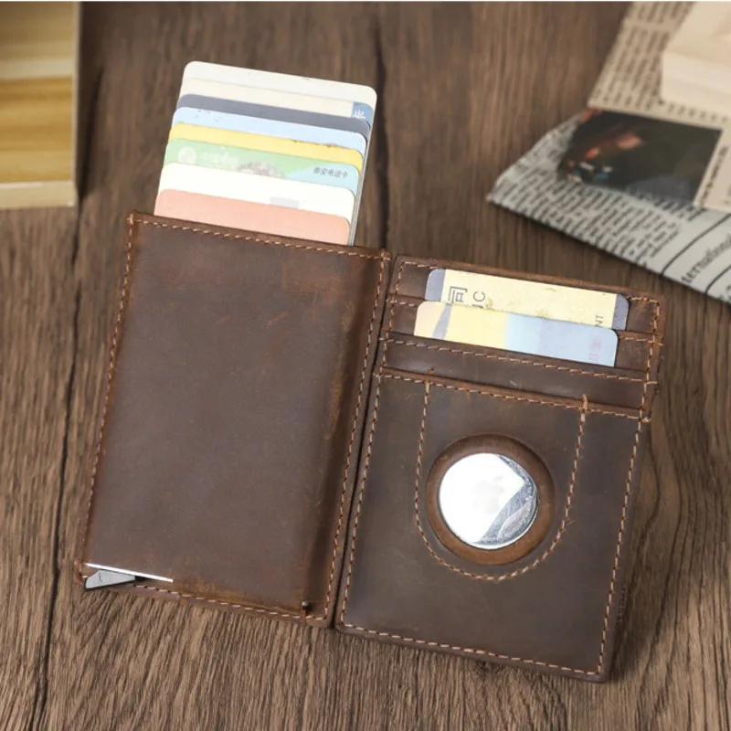 New Fashion Anti Theft Bank Brushing Automatic Box Airtag Tracker Position Leather Magic Small Card Bag Male Wallet Leather Bags