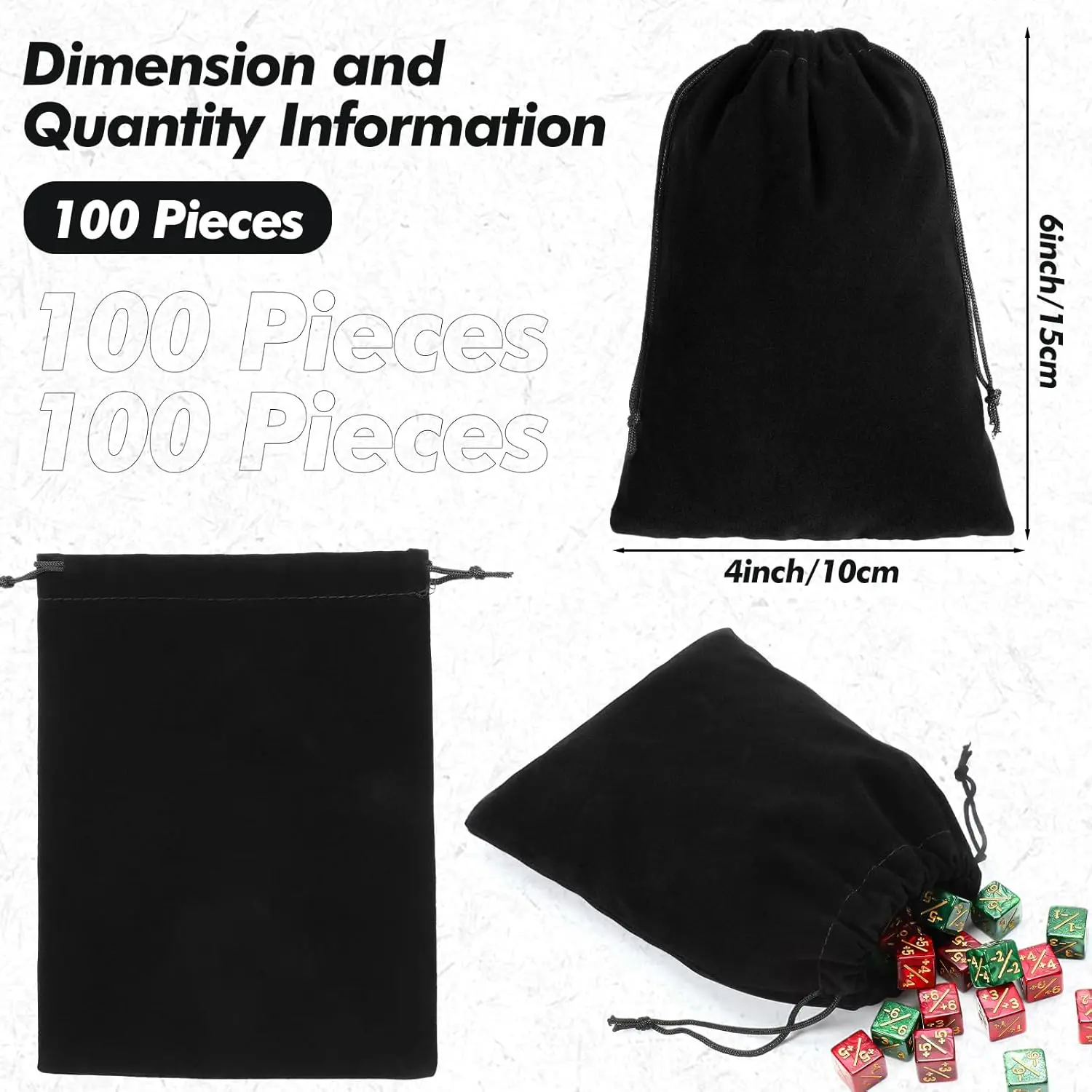 100 Pcs Black Velvet Drawstring Bags, Velvet Jewelry Pouches Soft Black Gift Packaging Bags for Dices, Watches, Earrings, Coins