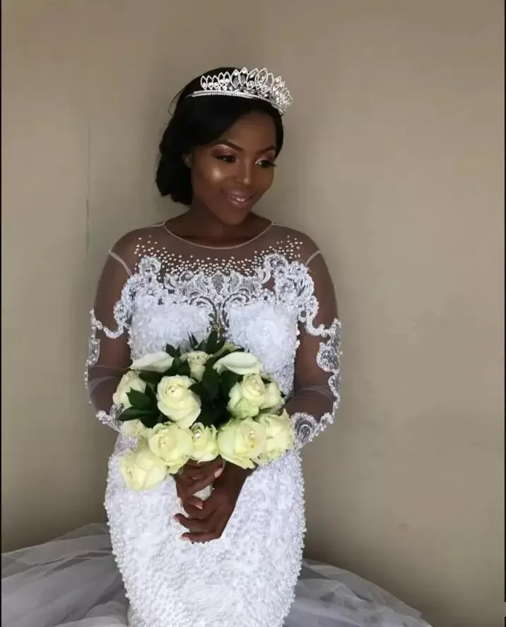 Robe de Mariée Sirène Personnalisée avec Traîne à Balayage, Manches sulf, pour Patients Africains