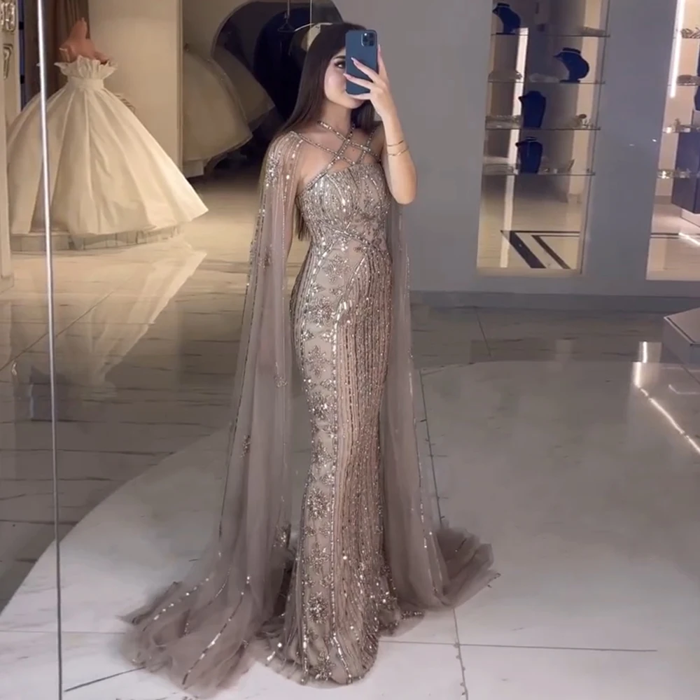 Sharon Said Dubai Champagner Meerjungfrauen-Abendkleider mit Cape-Ärmeln Aqua Criss Cross Flieder Hochzeits-Partykleid SS391 Maßanfertigung – Detail 4