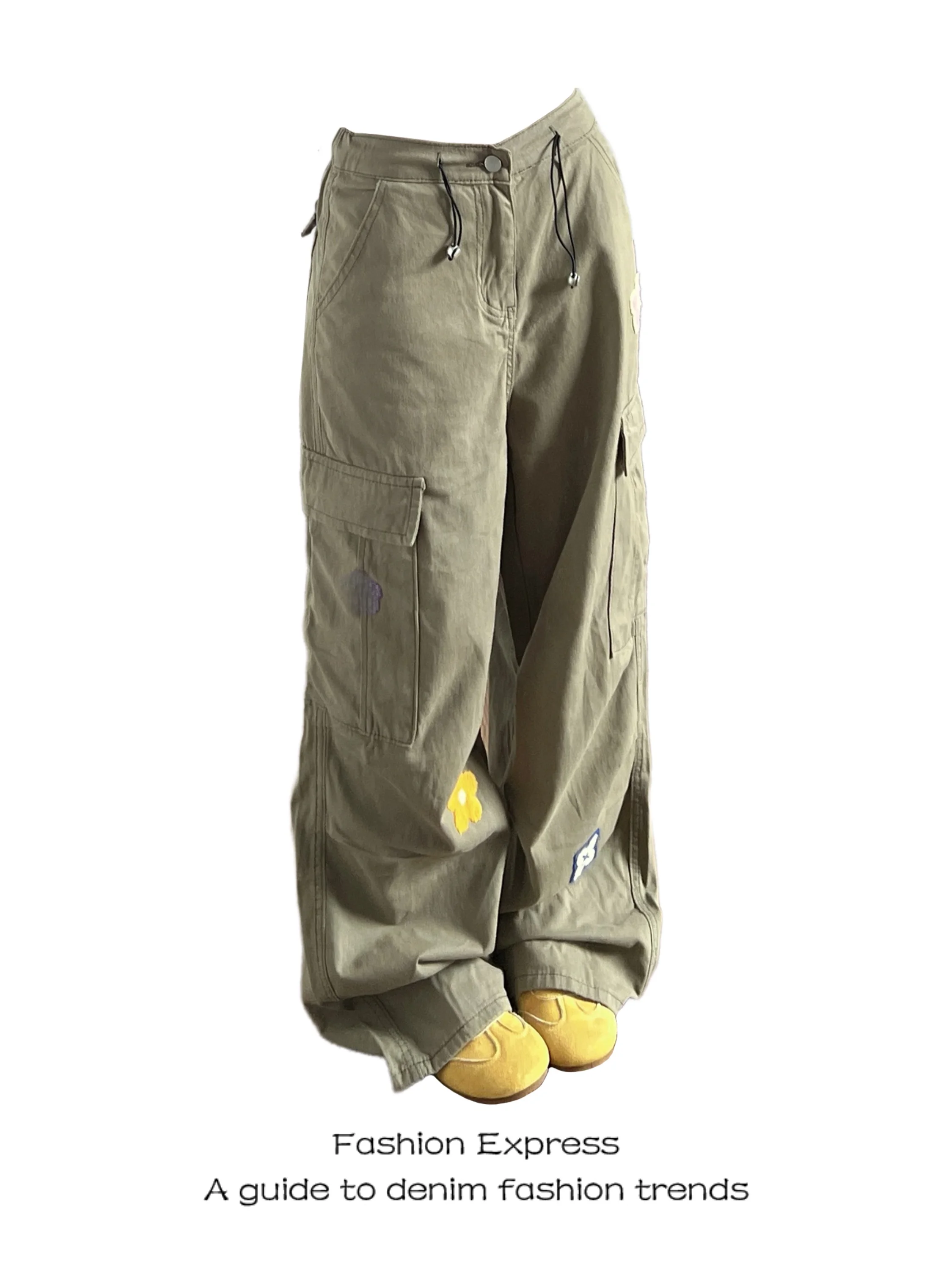 

American Workwear Sle Loose Fit High Waist Wide Leg Pants Women's Spring Autumn Vintage een Print Multiple kets Jeans