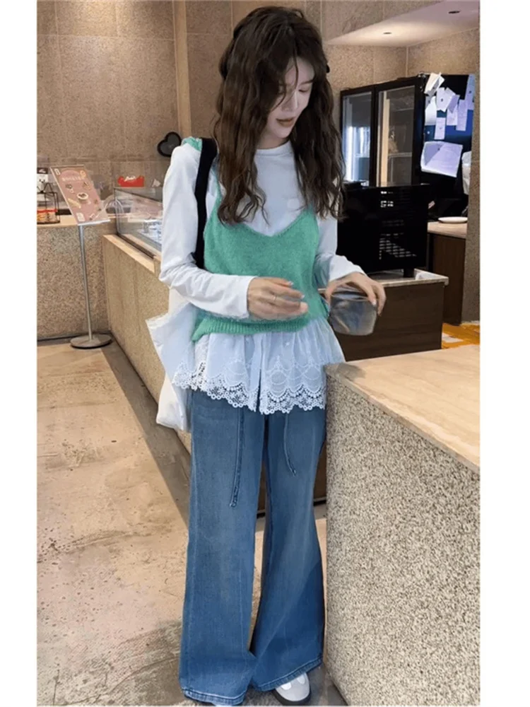 

Korean Design Women's Faion Set Casual Sle Long Sve round Ne T-irt High Waist orts Spring New Arrival Inner Wear
