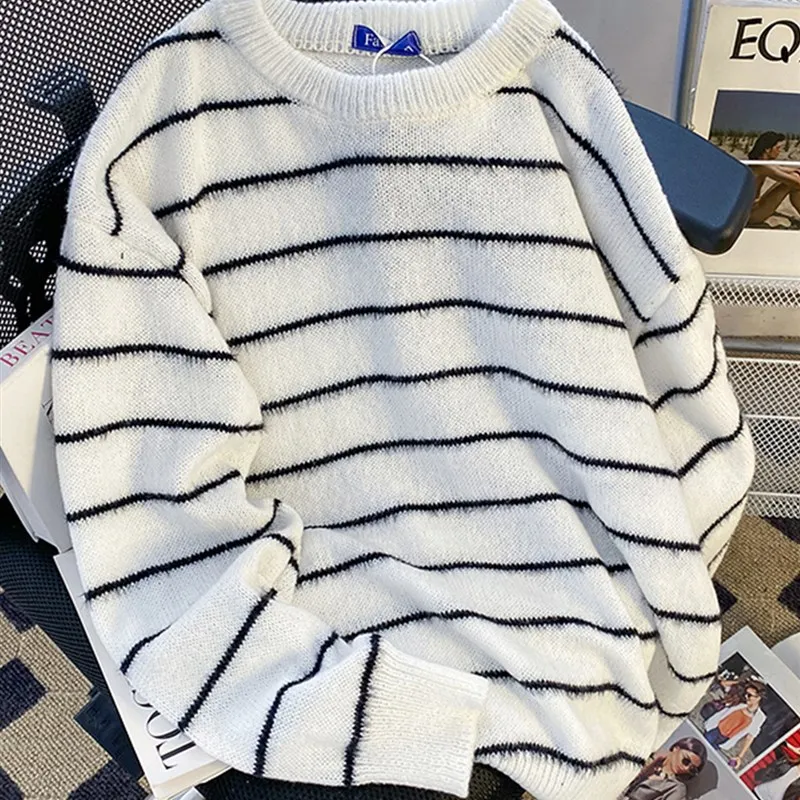 

Мужской повседневный свободный вязаный свитер в полоску, осень-зима и универсальный удобный пуловер, моющийся топ