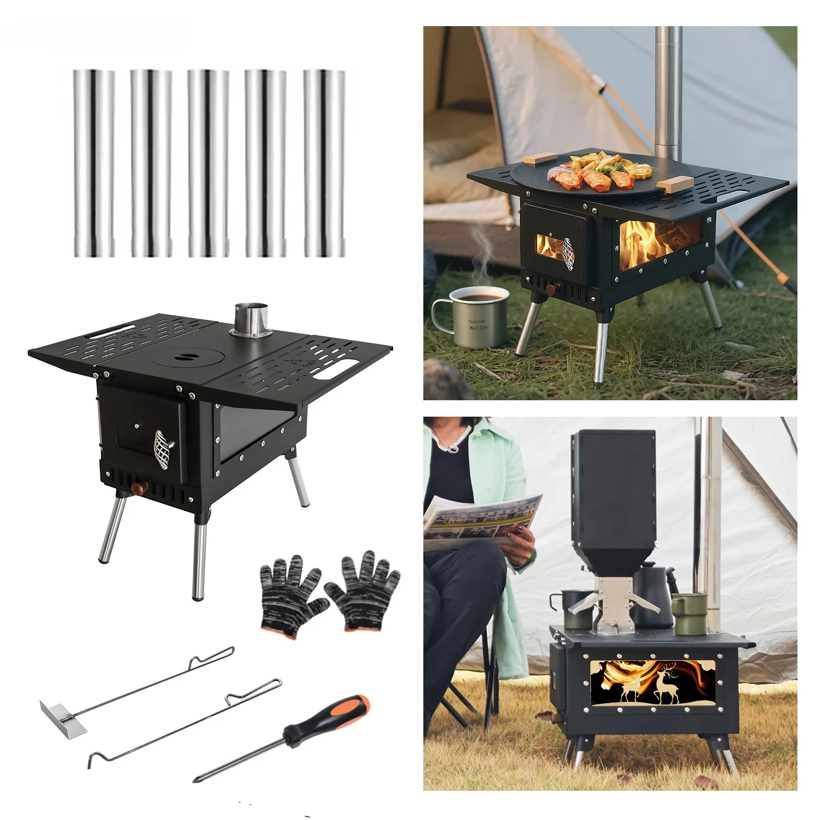 Hot Tent Stainless Steel Wood Burning Folding Camping Stove BBQ with 5-Section Chimney Freestanding Design