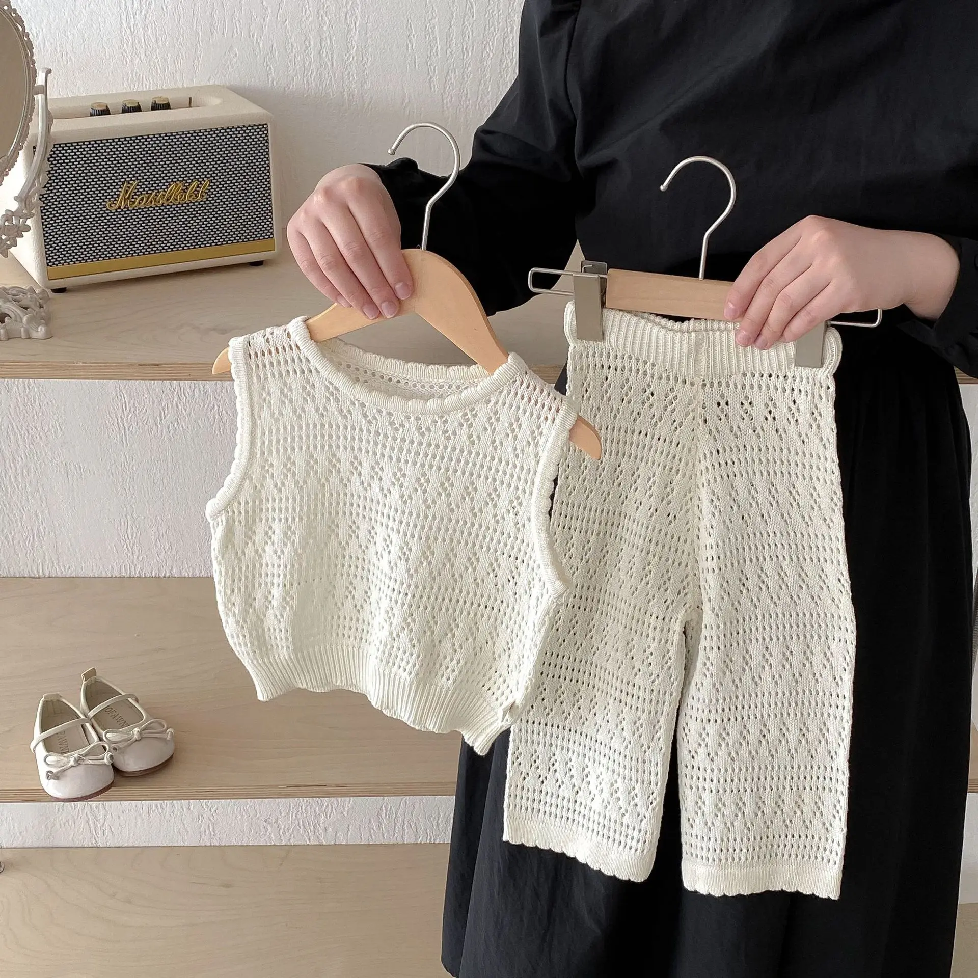 

Summer Kids Clothes Girl Knitted Sets 2024 Korean Baby Knitwear Suit Cotton Hollow Out Vest Top+Pants Girls Two Pieces Outfits