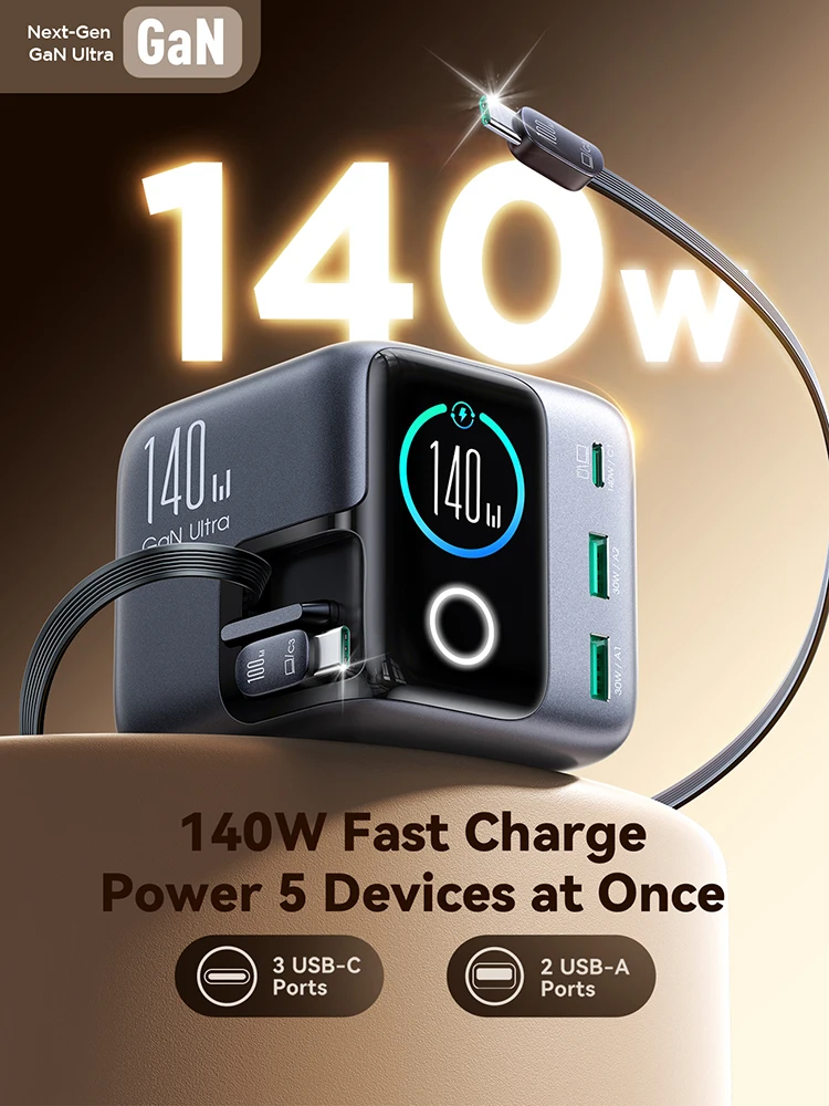 Joyroom 140W GaN Desktop Charger With Retractable Cables USB C & USB A Smart Display Fast Charger For Phones,Laptops,Tablets