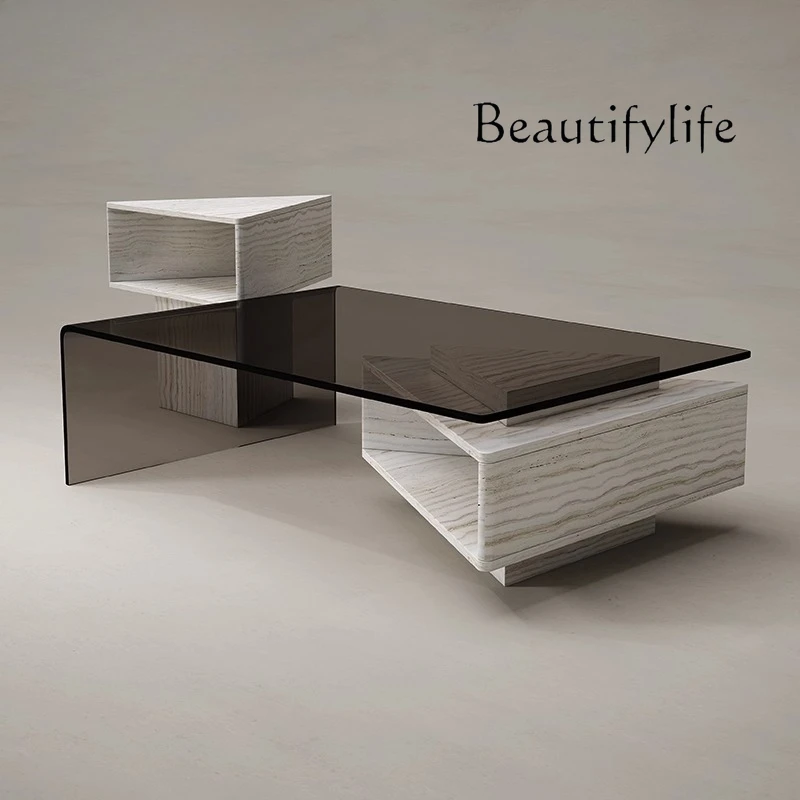

Natural marble coffee table Italian light luxury minimalist living room creative glass rectangular retractable coffee table