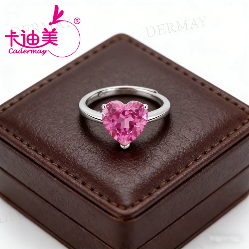 10x10mm Heart Shape Lab Grown Pigeon Blood Ruby Pink Sapphire With Inclusions 925 Silver Rings Adjustable Ring For Women Jewelry