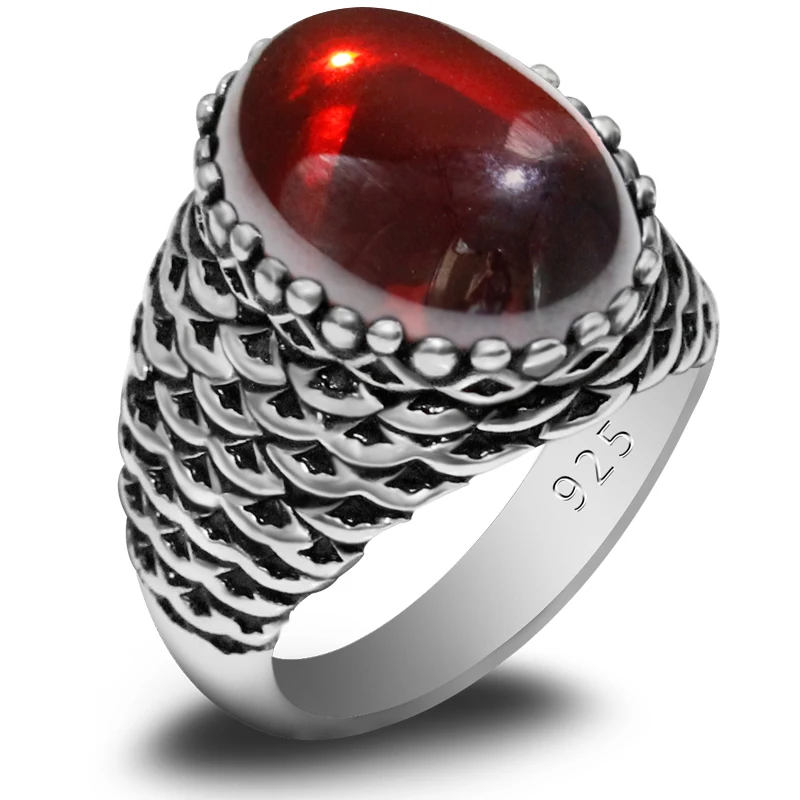 S925 Pure Silver T ü rkiye Men's Handmade Ring A-level Red Zircon Retro Fashion Luxury Festival Party Gift