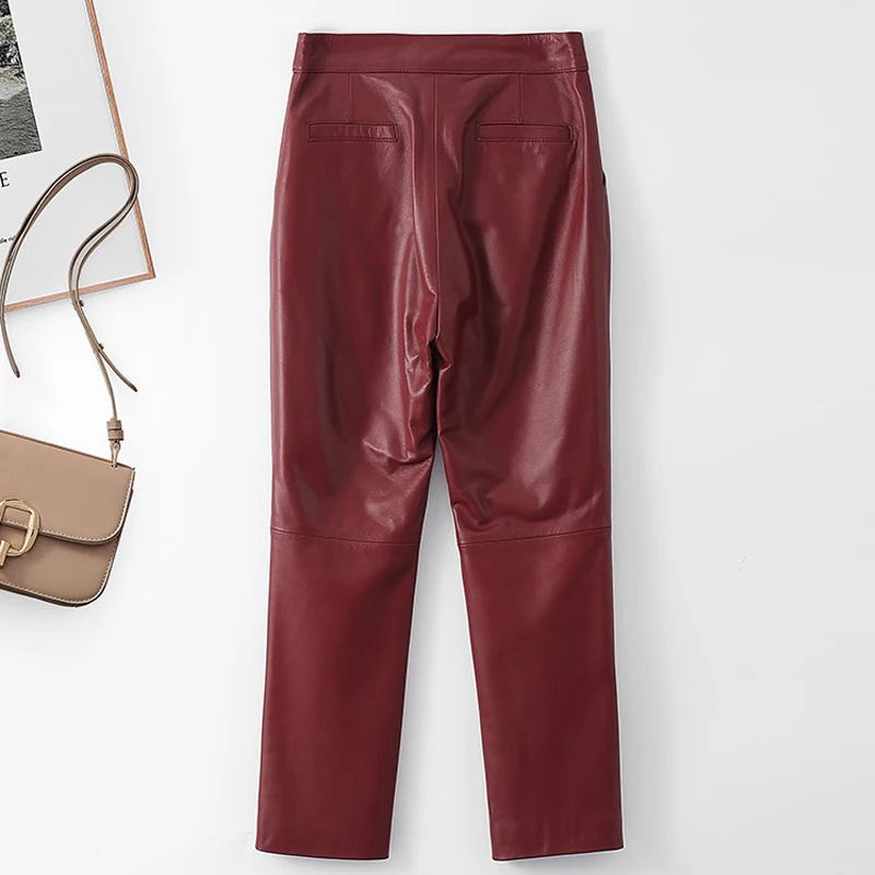 100% Genuine Leather Pants Women Fall Winter Slim Fit Pencil Pants Casual Wine Red/White Female Ankle-length Sheepskin Trousers