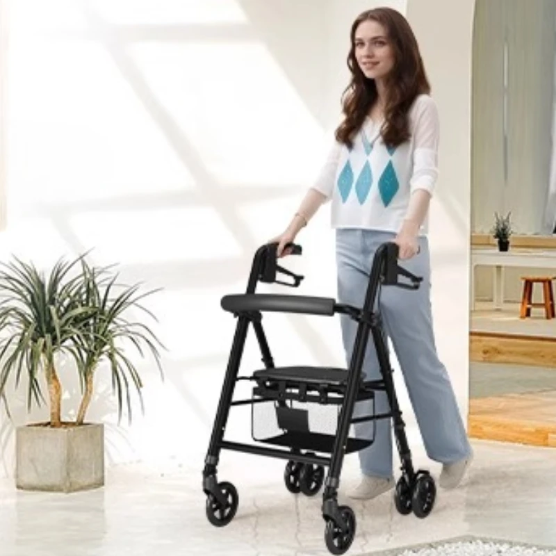 

‌ 4-колесная складная тележка Rollator Walker для пожилых людей с двойными вращающимися роликами, алюминиевая складная рама большой грузоподъемности ‌