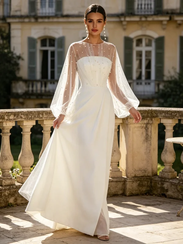 Spring Summer New Pearl Netting See-through Lace Outerwear Bridal Gown White Lantern Sleeve Shawl Shoulder Cover up Women