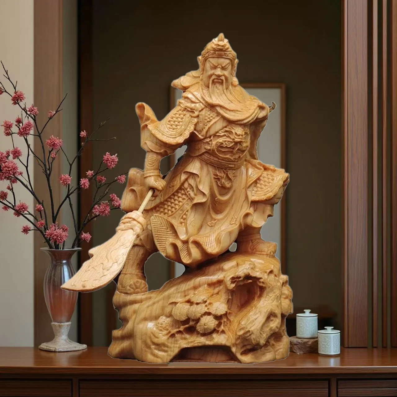 Cypress Wood Guan Yu Statue Chinese Warrior God of Wealth  Solid Wood Carving Home Office Decor Wealth Luck Feng Shui Decor