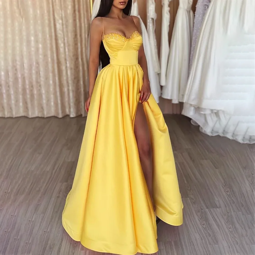 

Yellow Formal Evening Dress Sweetheart Satin Pleat Beading And A-Line Prom Dress Party Gown With High Slit Vestidos De Noche