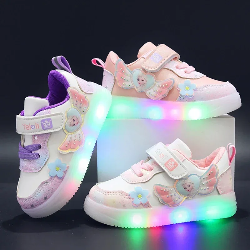 

Disney LED Casual Pink Purple For Spring Girls Frozen Elsa Princess Print Outdoor Children Lighted Non-slip Shoes Size 22-31
