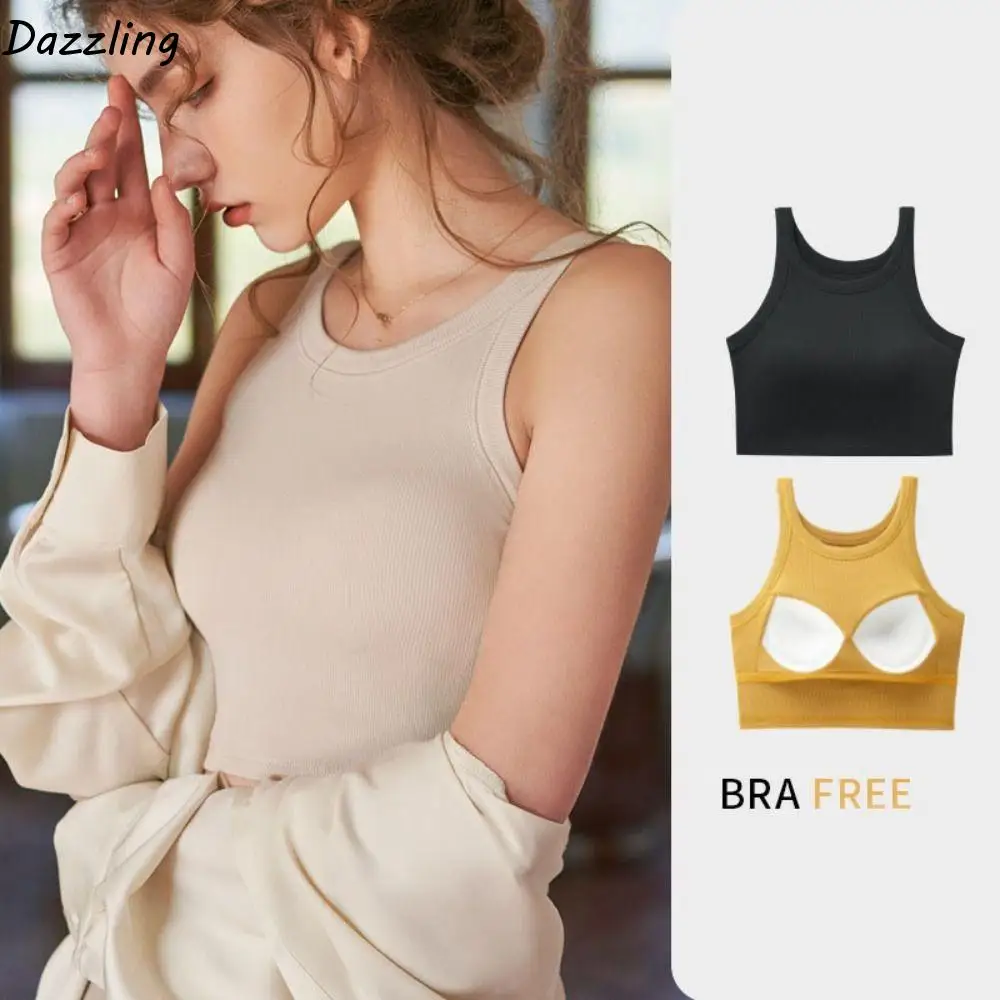 قميص قصير ناعم بدون أكمام ملابس شاطئ برقبة دائرية مع وسادات فتاة حارة نمط الحمالات سليم المحاصيل الأعلى النساء السفر