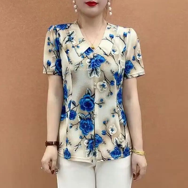 Middle-aged and Elderly Mothers Short-sleeved Stretch Fashionable Doll Short T-shirt Loose Stylish Slimming Blouse