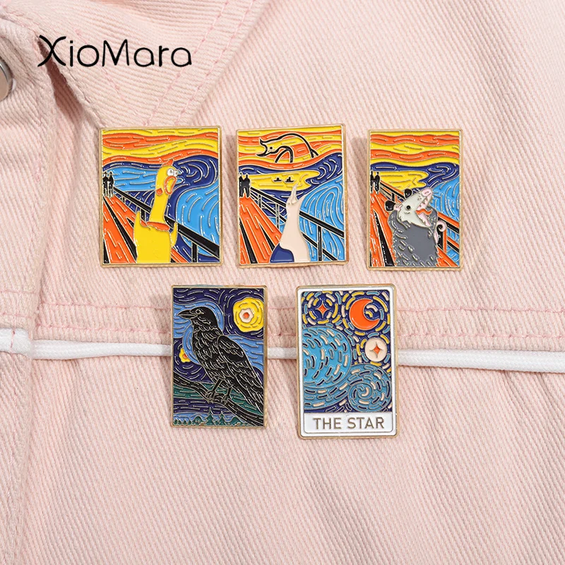 فان جوخ مجموعة لوحات زيتية دبوس المينا ، دبابيس ، شارة طية صدر ، هدايا مجوهرات للأصدقاء ، سماء ليلية فنية ، أوبوسوم ، أوزة