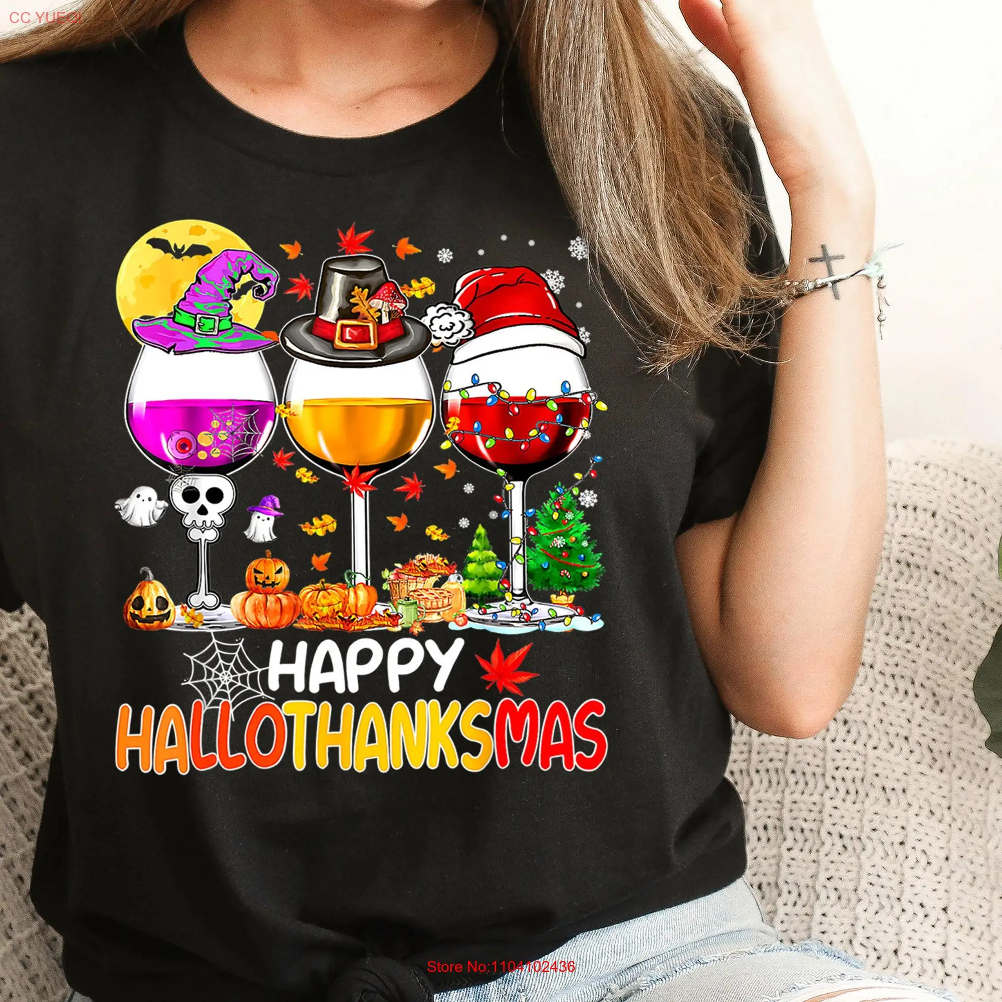 Hallothanksmas T Shirt Wine Happy Comfy long or short sleeves