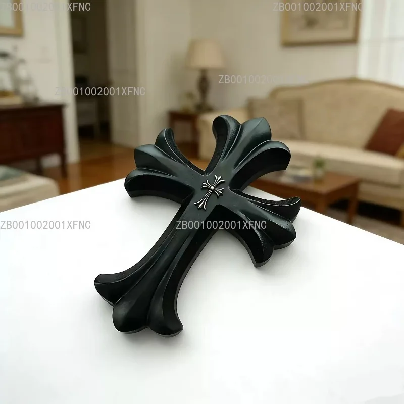 Heavy Duty Retro Cross Silver Decor, Solid Wood Carving Large Ornament for Living Room Desktop & Wall