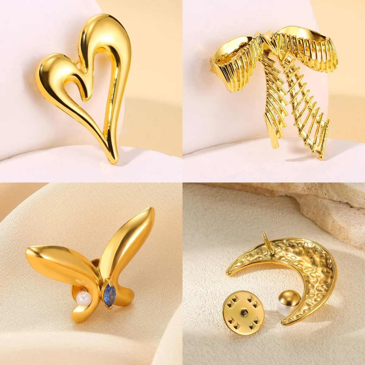 Exquisite Stainless Steel Heart-Shaped Bow Brooch Gold Color Anti-glare Lapel Pin Fixed Clothes Pins Jewellery Free shipping