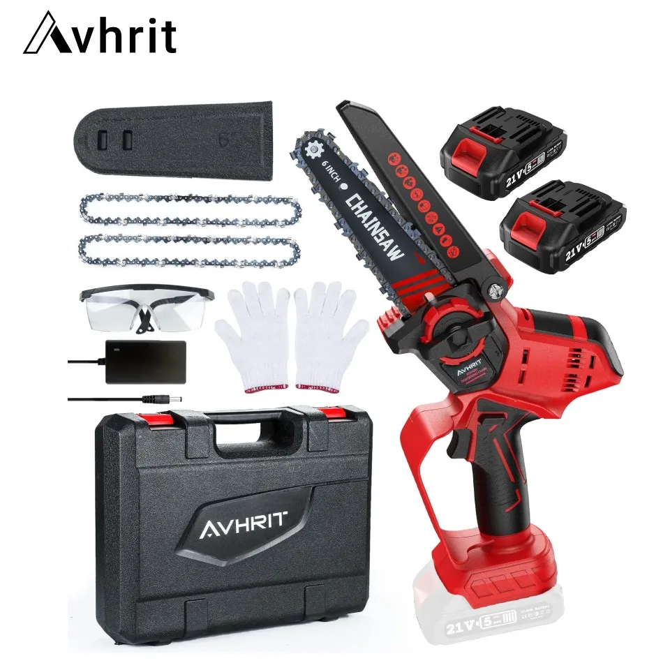 Avhrit Mini Electric Cordless Chainsaw 6 inc 2PCS 21V 2000mAh Rechargeable Batteries Chain Saw Wood Working Pruning Garden tool