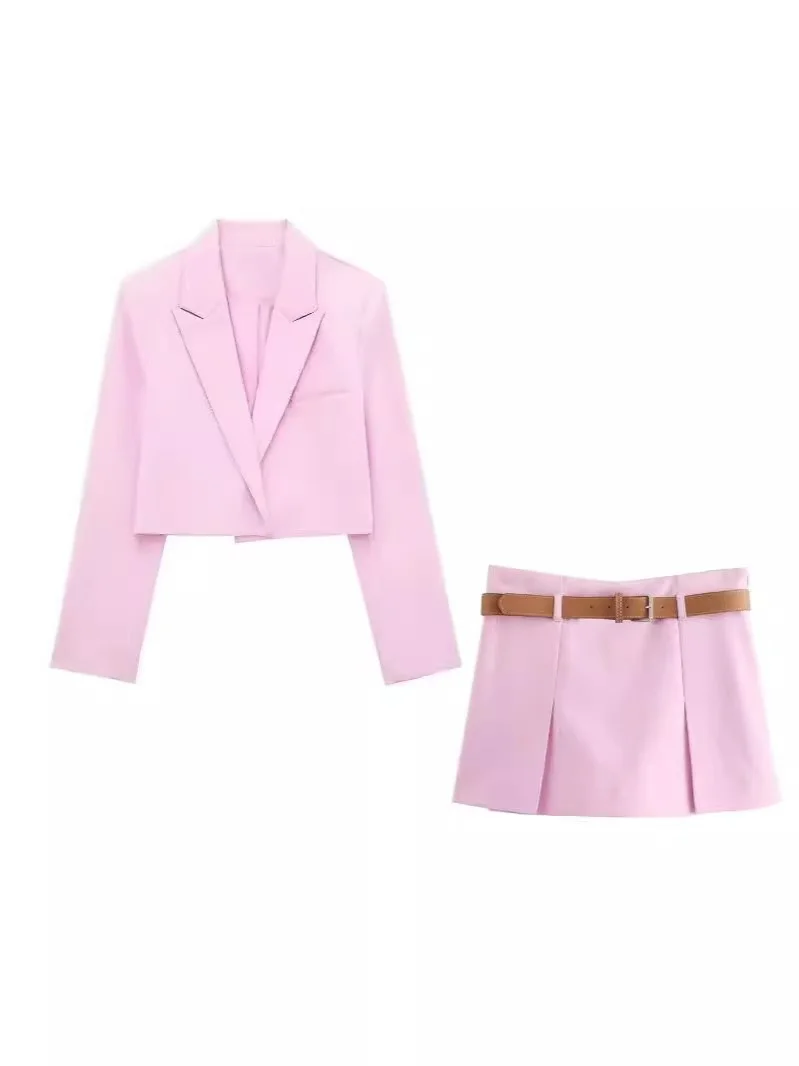 Vrouwen Blazer Rok Set Lange Mouw Revers Korte Jas Slanke Mini Rokken Shorts Met Riem Elegant Solid Office Lady Pak