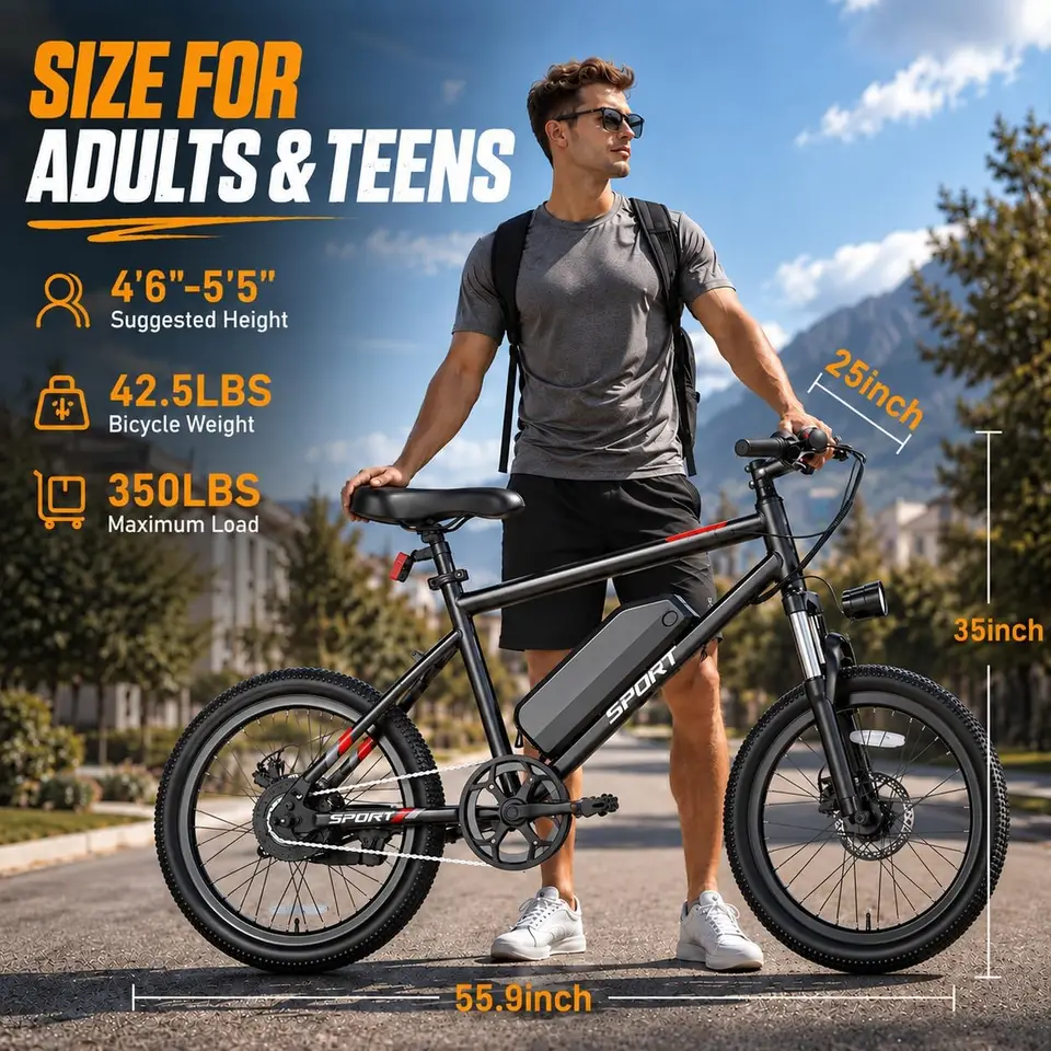 20"/26" Electric Bicycle 48V Removable Battery Power for 30-40Miles Range, 20 MPH Top Speed, 3 Riding Modes Front Suspension Commuter Electric Bicycle image 8