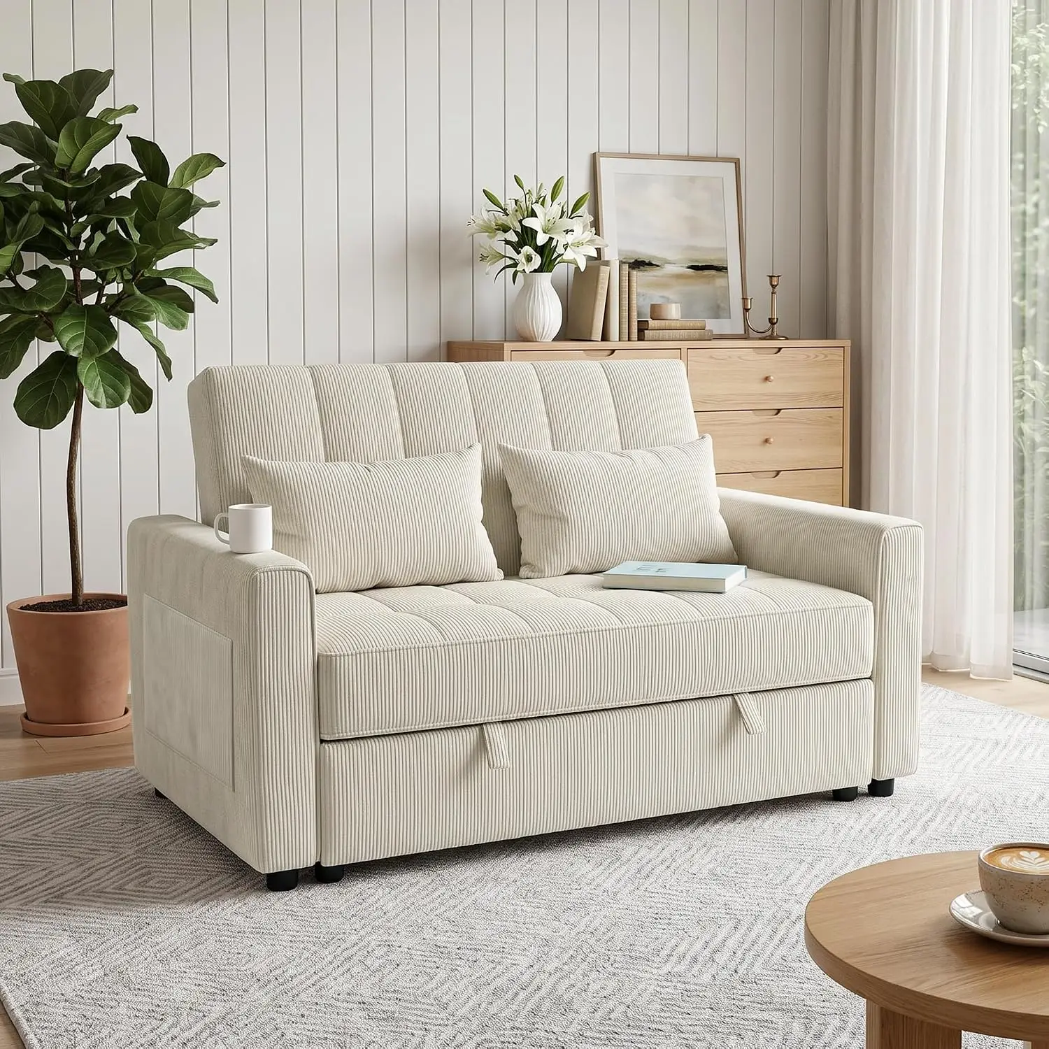 Corduroy Sofa Bed Convertible Sleeper Small Space Beige Adjustable Backrest Wood Frame Foam Cushions 2 Pillows, Customized