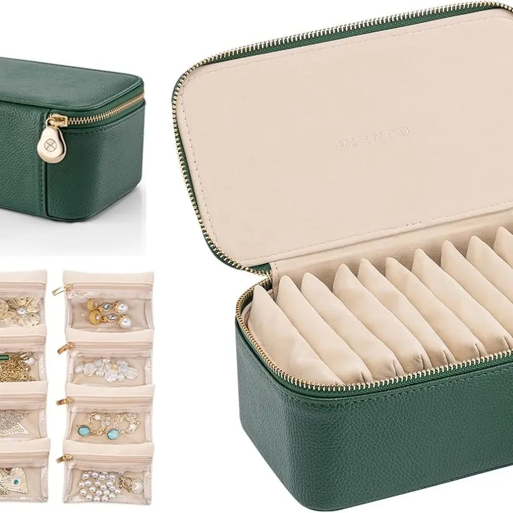 

Компактный бархатный органайзер для ювелирных изделий с 12 мешочками на молнии для колец, ожерелий и сережек темно-зеленого цвета